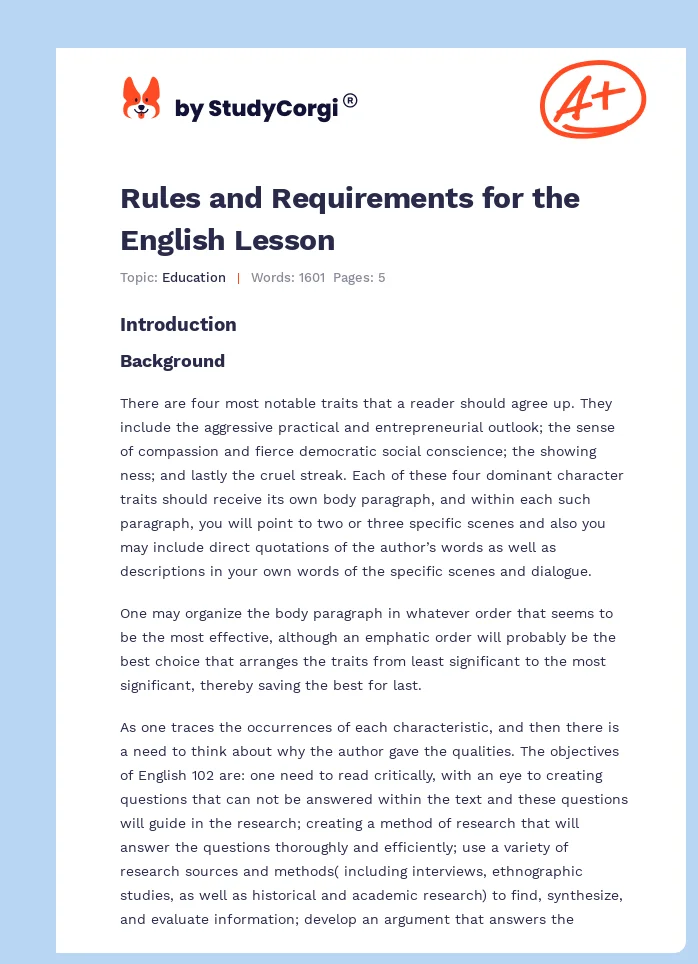 Rules and Requirements for the English Lesson. Page 1