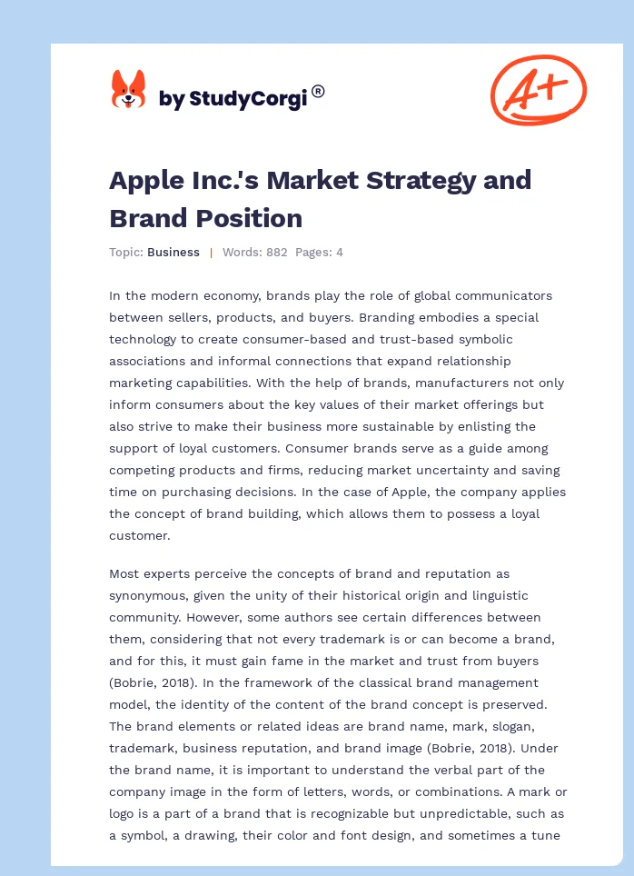 Apple Inc.'s Market Strategy and Brand Position. Page 1