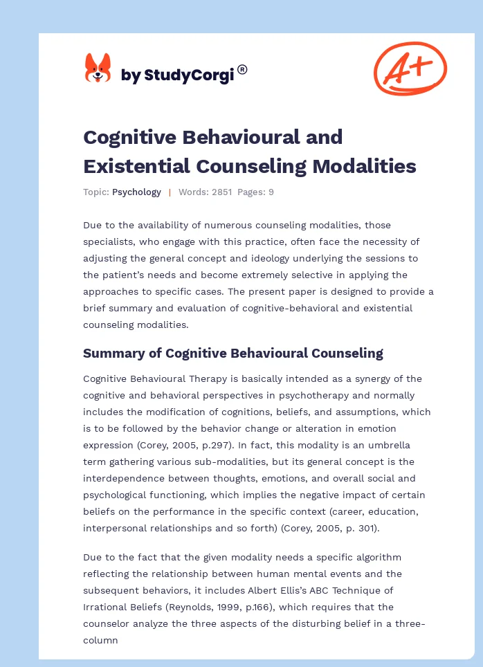 Cognitive Behavioural and Existential Counseling Modalities. Page 1
