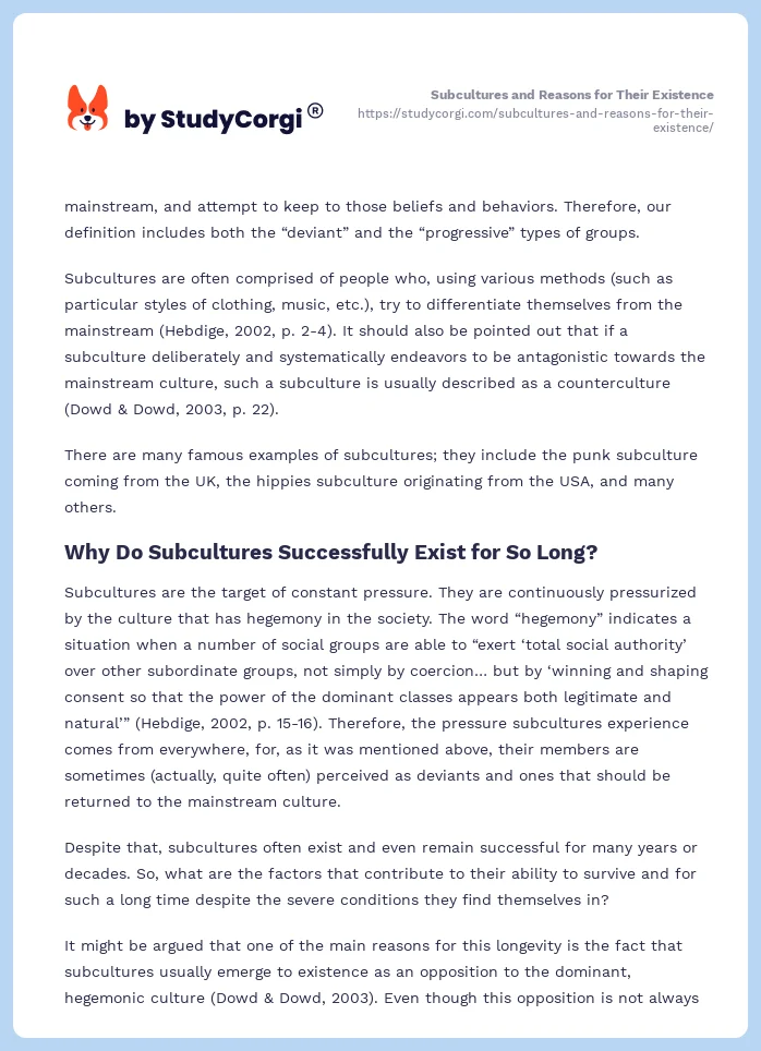 Subcultures and Reasons for Their Existence. Page 2