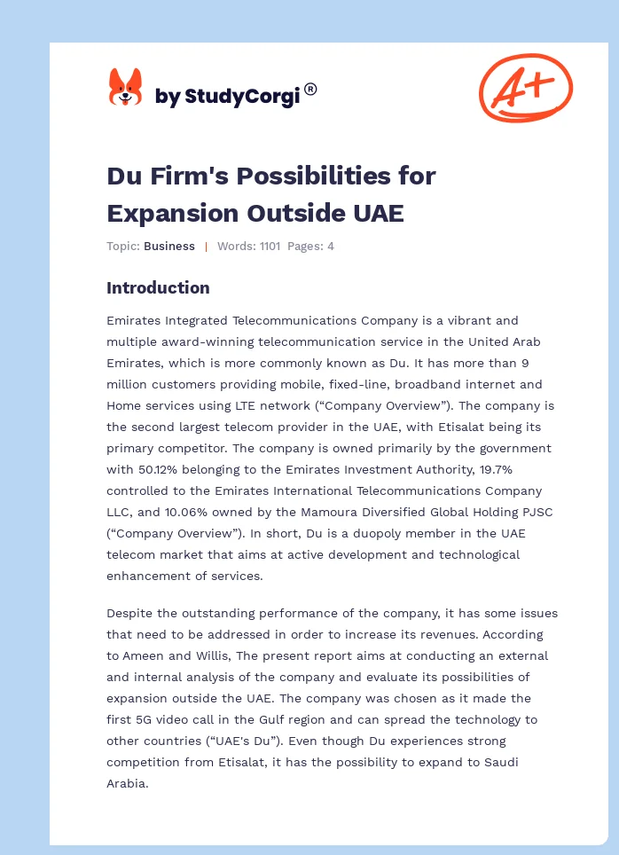 Du Firm's Possibilities for Expansion Outside UAE. Page 1