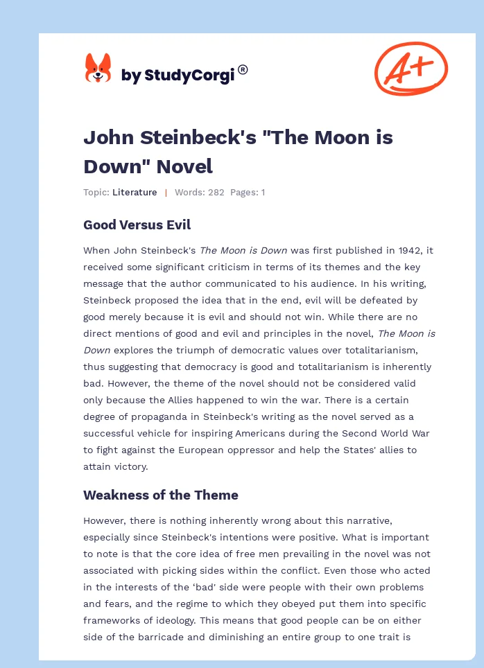John Steinbeck's "The Moon is Down" Novel. Page 1