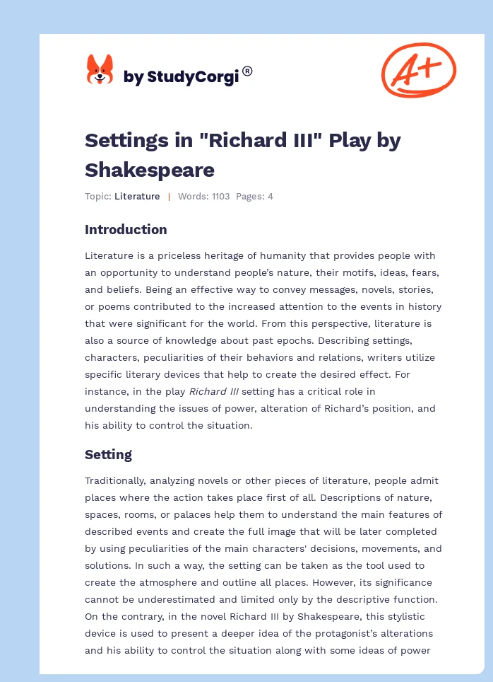 Settings in "Richard III" Play by Shakespeare. Page 1