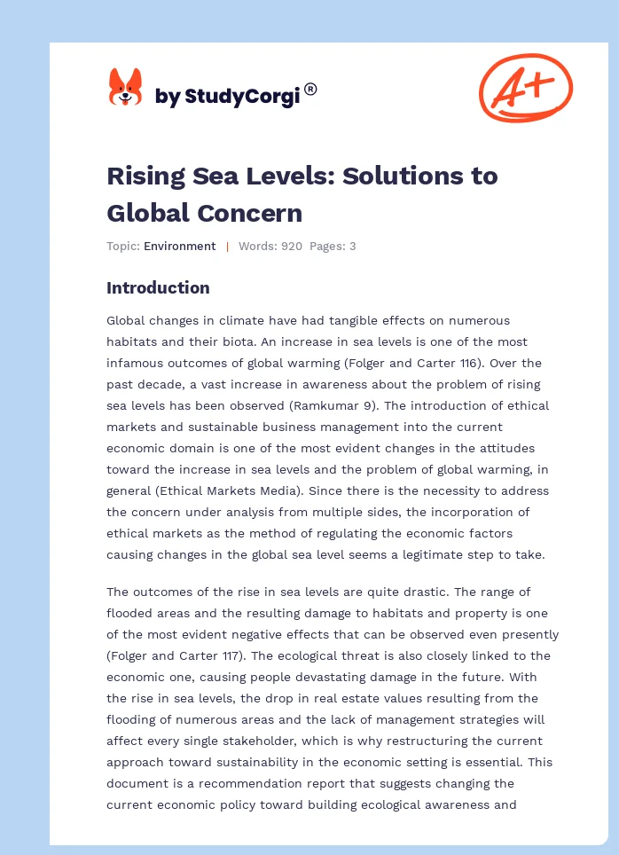 Rising Sea Levels: Solutions to Global Concern. Page 1