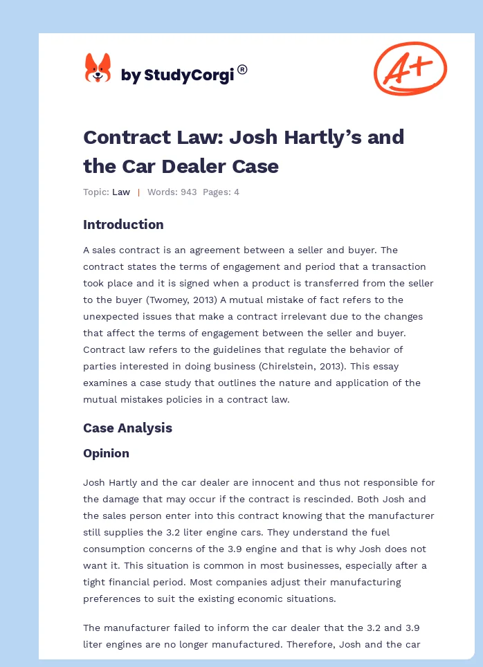 Contract Law: Josh Hartly’s and the Car Dealer Case. Page 1