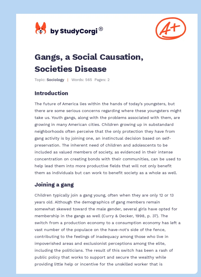 Gangs, a Social Causation, Societies Disease. Page 1