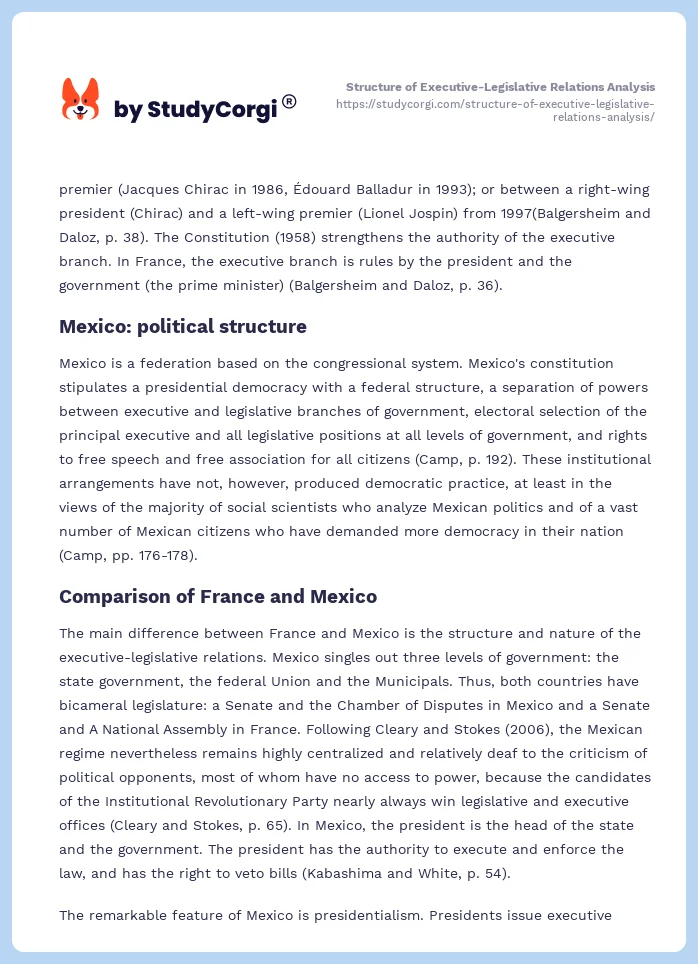 Structure of Executive-Legislative Relations Analysis. Page 2