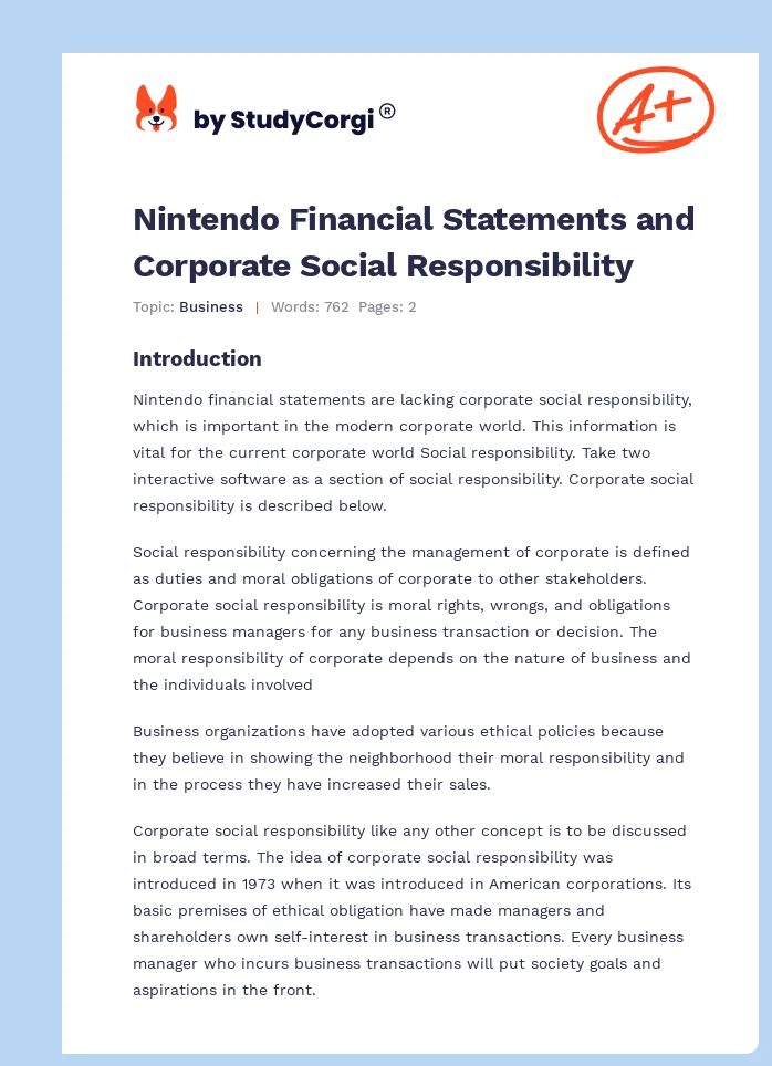Nintendo Financial Statements and Corporate Social Responsibility. Page 1
