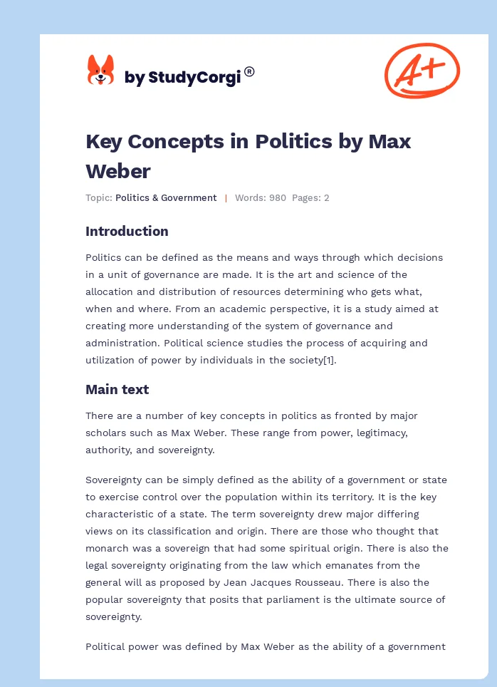 Key Concepts in Politics by Max Weber. Page 1