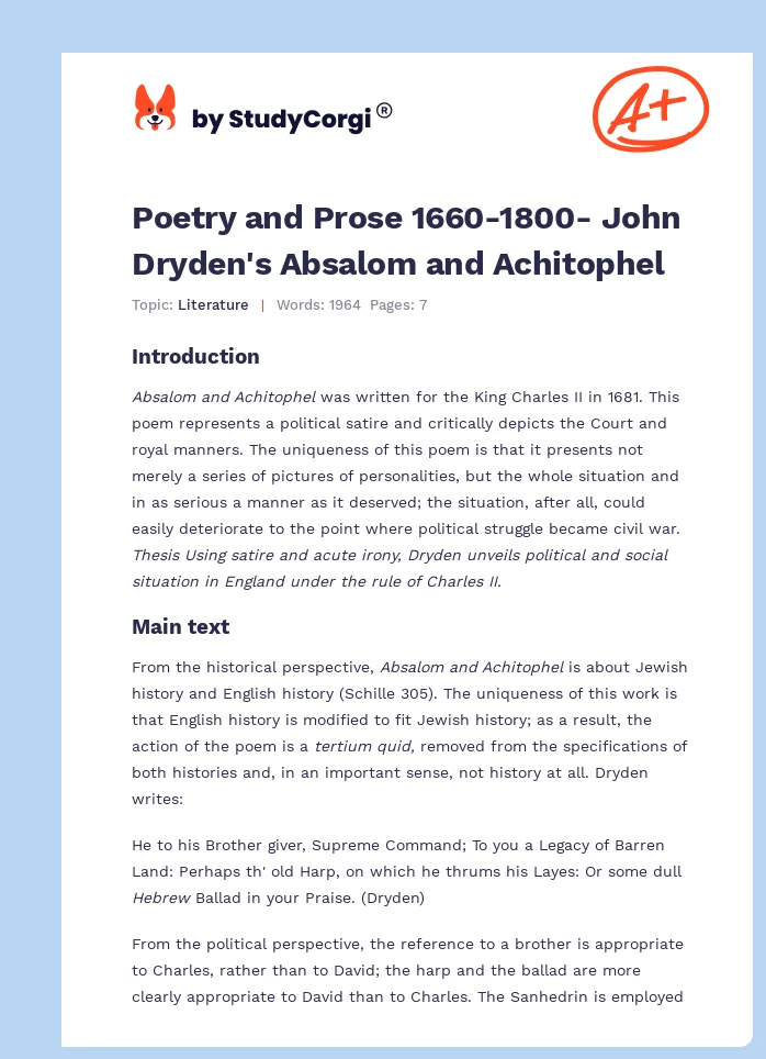 Poetry and Prose 1660-1800- John Dryden's Absalom and Achitophel. Page 1