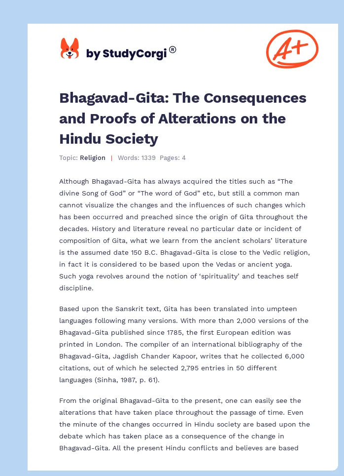 Bhagavad-Gita: The Consequences and Proofs of Alterations on the Hindu Society. Page 1
