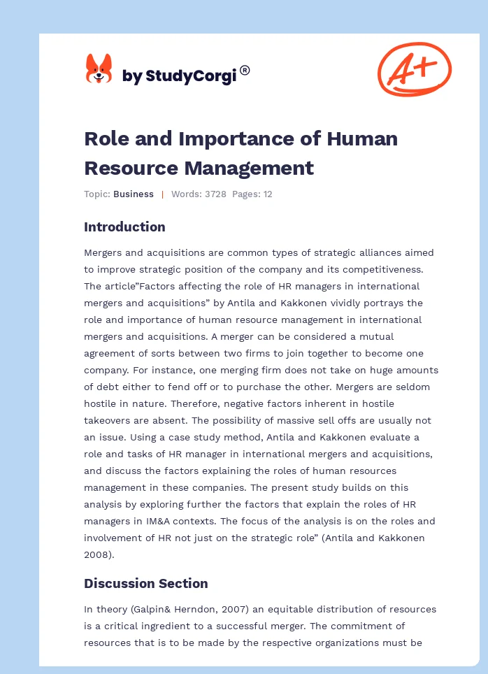 Role and Importance of Human Resource Management. Page 1