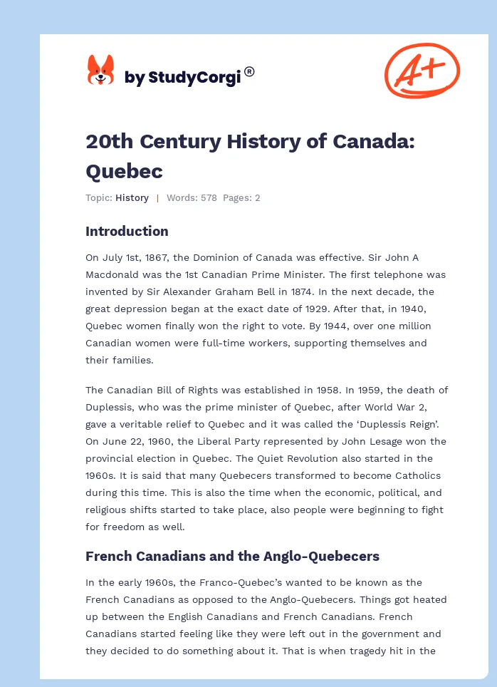 20th Century History of Canada: Quebec. Page 1