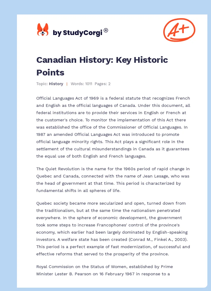 Canadian History: Key Historic Points. Page 1