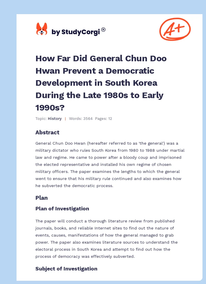 How Far Did General Chun Doo Hwan Prevent a Democratic Development in South Korea During the Late 1980s to Early 1990s?. Page 1