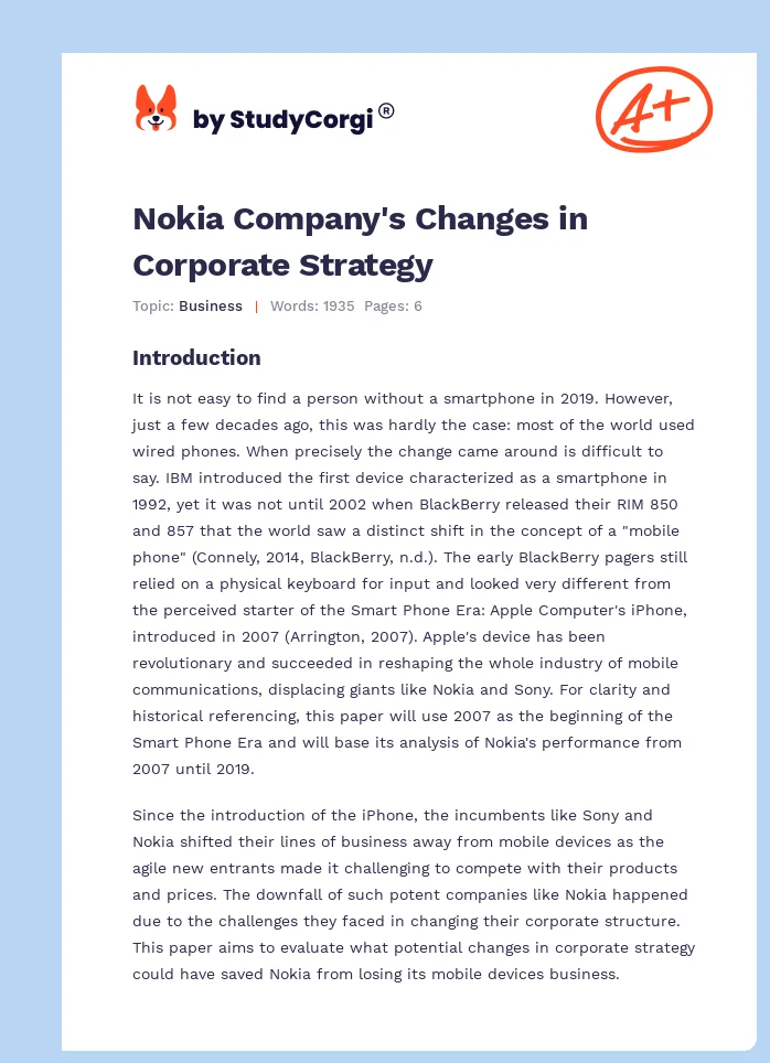 Nokia Company's Changes in Corporate Strategy. Page 1