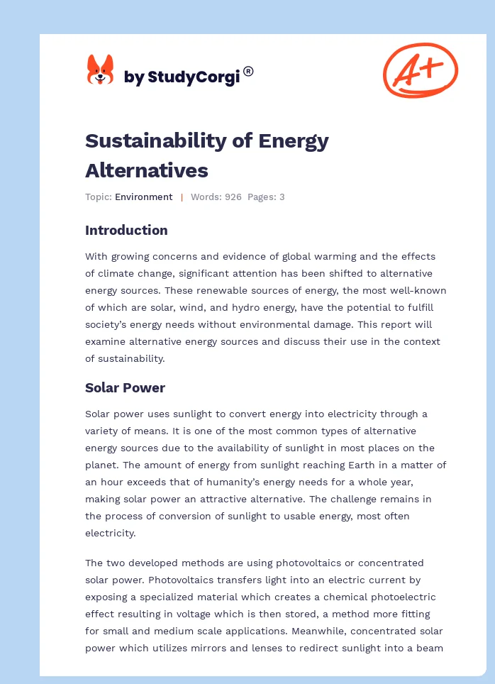 Sustainability of Energy Alternatives. Page 1