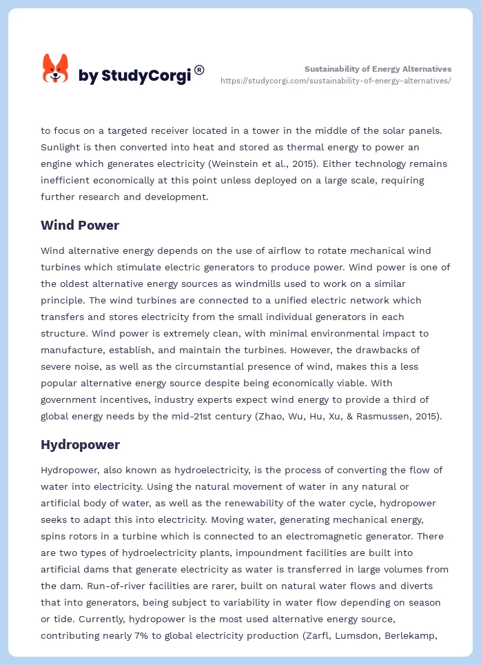 Sustainability of Energy Alternatives. Page 2