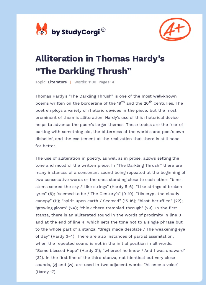 Alliteration in Thomas Hardy’s “The Darkling Thrush”. Page 1