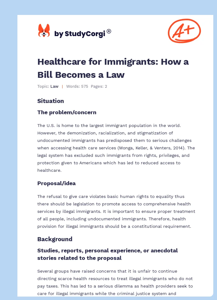 Healthcare for Immigrants: How a Bill Becomes a Law. Page 1