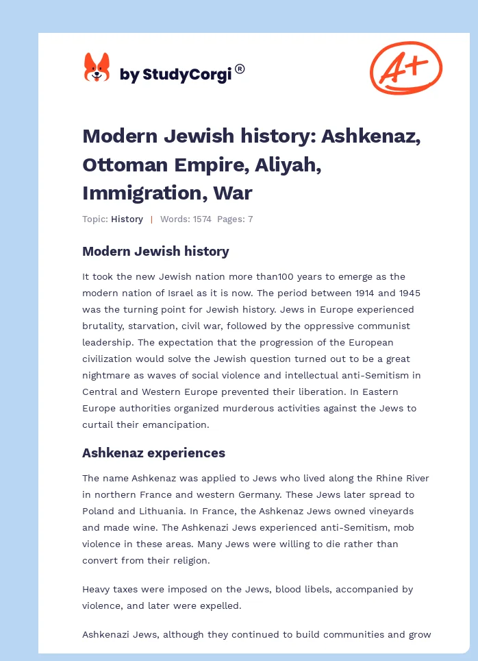 Modern Jewish history: Ashkenaz, Ottoman Empire, Aliyah, Immigration, War. Page 1