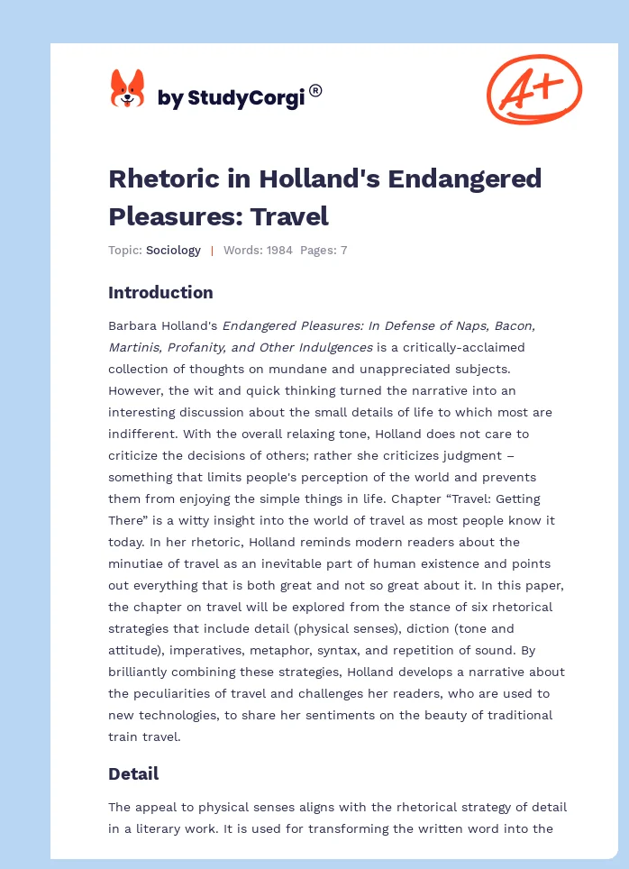 Rhetoric in Holland's Endangered Pleasures: Travel. Page 1