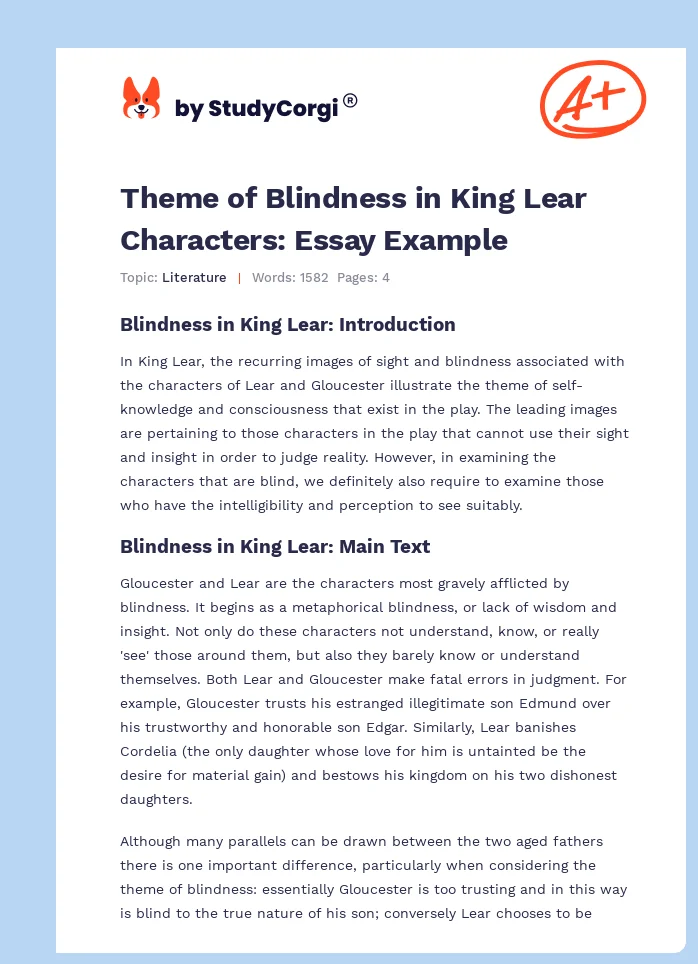 Theme of Blindness in King Lear Characters: Essay Example. Page 1