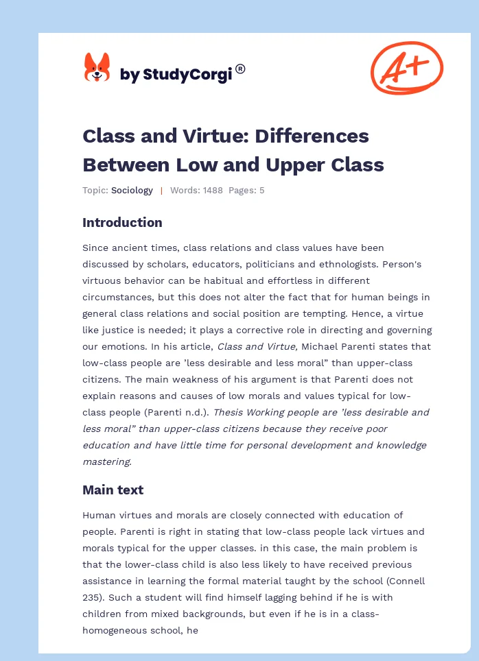 Class and Virtue: Differences Between Low and Upper Class. Page 1