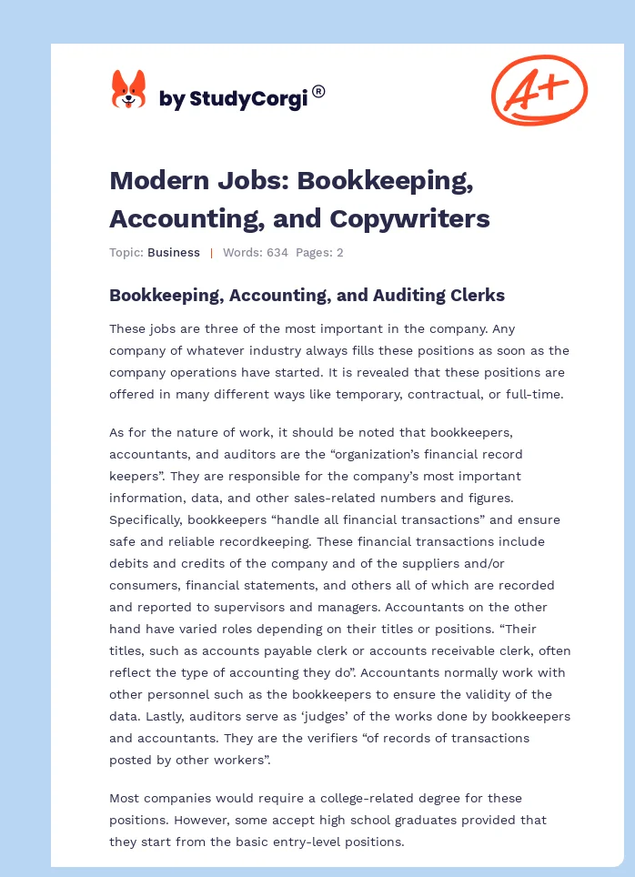 Modern Jobs: Bookkeeping, Accounting, and Copywriters. Page 1
