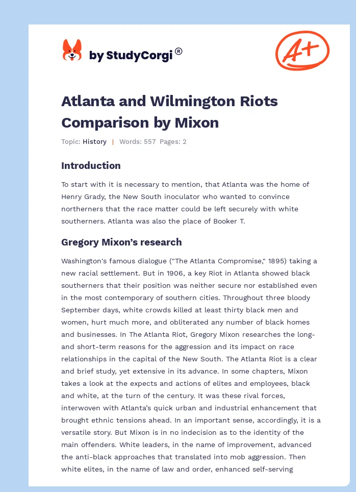 Atlanta and Wilmington Riots Comparison by Mixon. Page 1