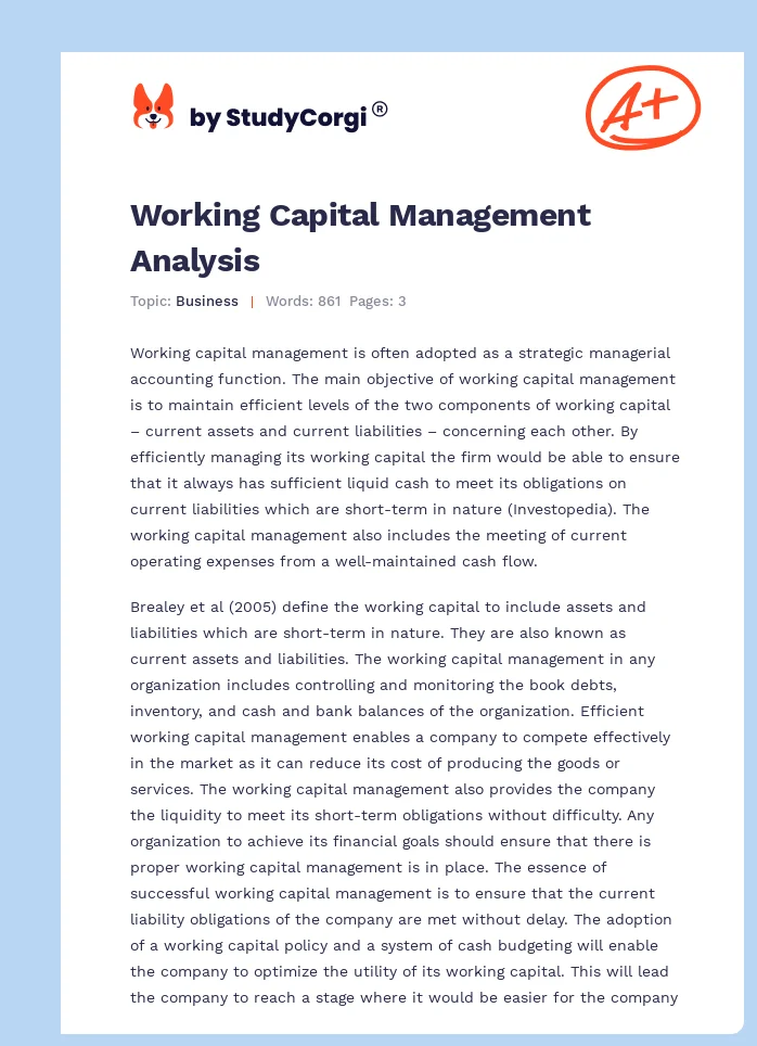 Working Capital Management Analysis. Page 1