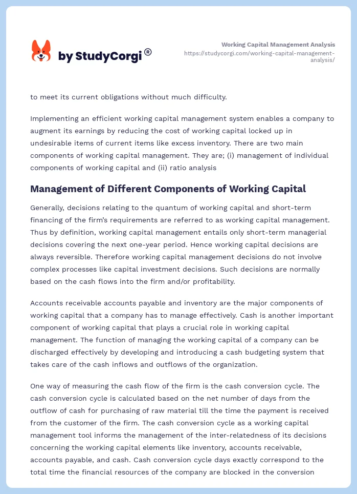 Working Capital Management Analysis. Page 2