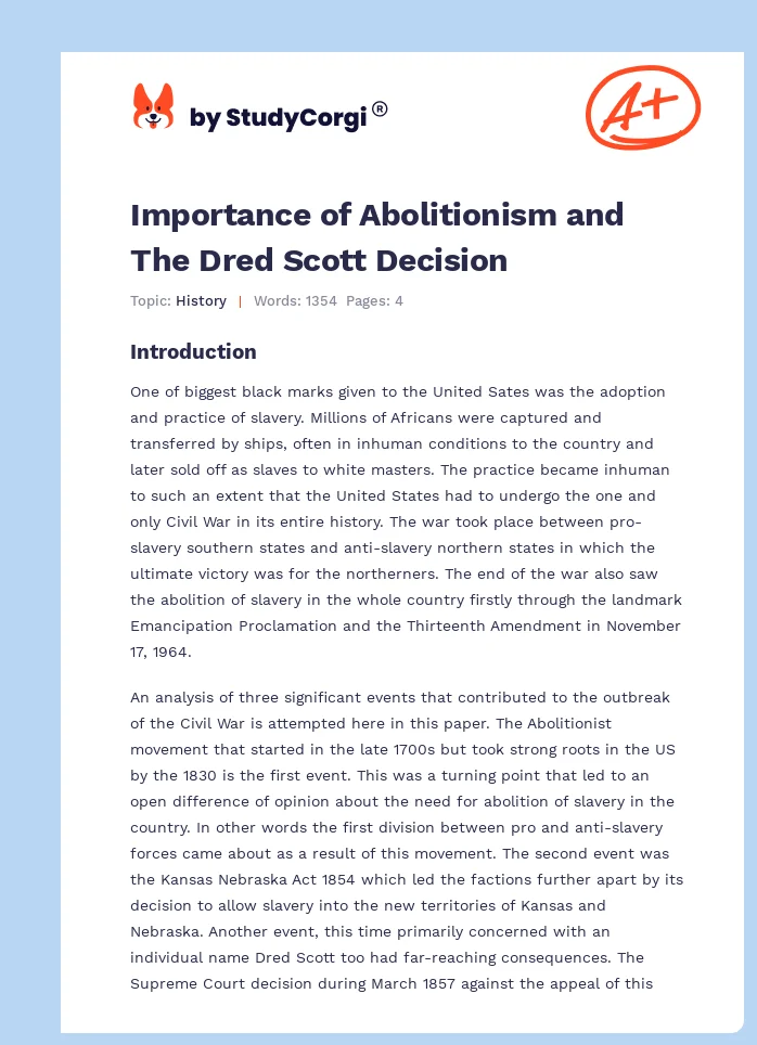 Importance of Abolitionism and The Dred Scott Decision. Page 1