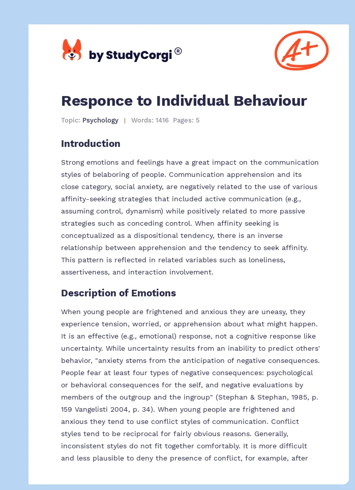 Responce to Individual Behaviour. Page 1
