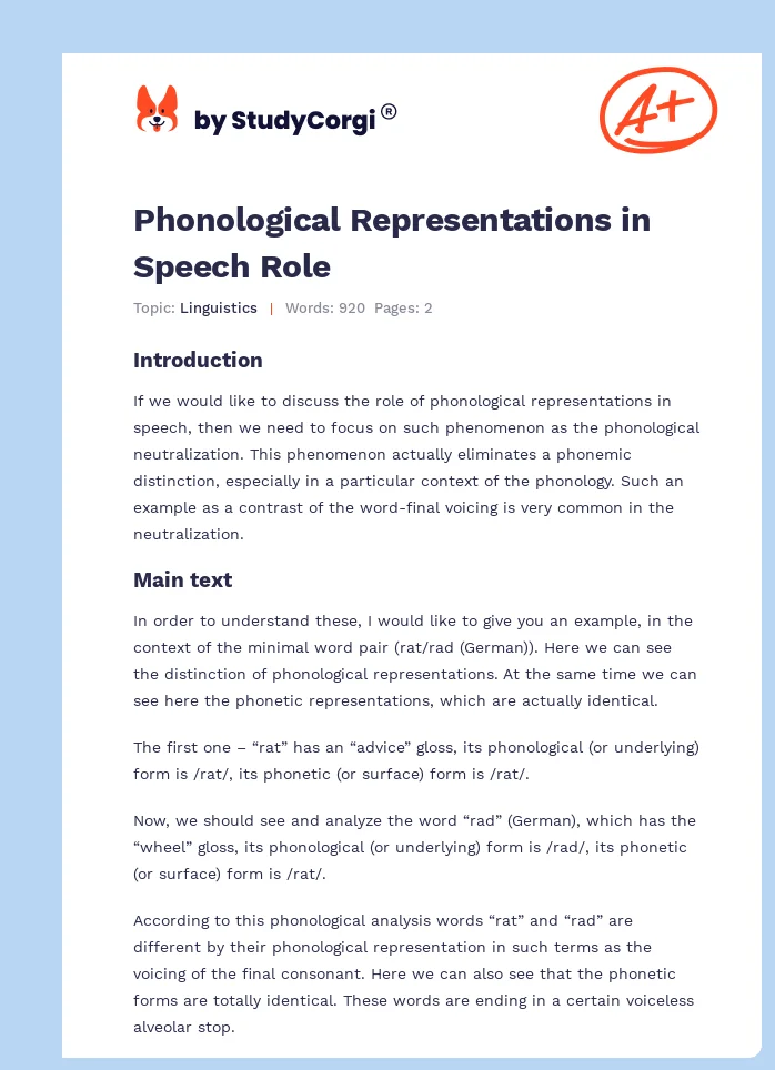 Phonological Representations in Speech Role. Page 1