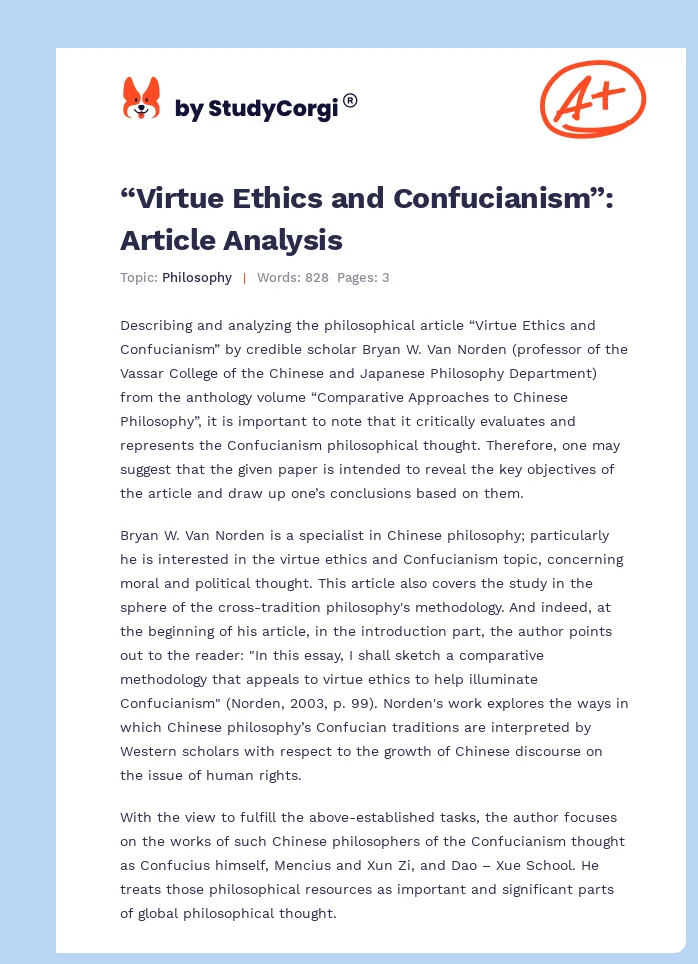 “Virtue Ethics and Confucianism”: Article Analysis. Page 1