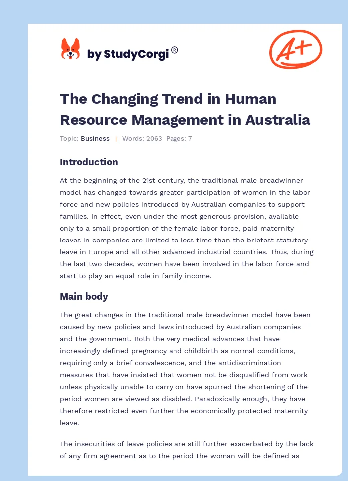 The Changing Trend in Human Resource Management in Australia. Page 1