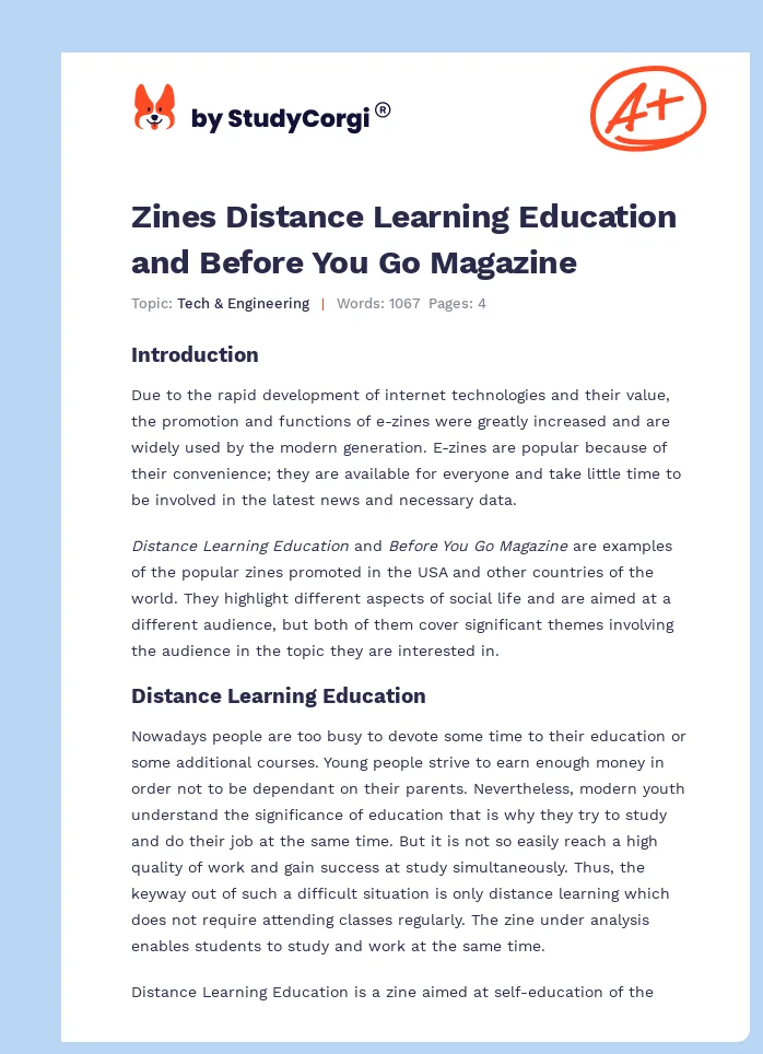 Zines Distance Learning Education and Before You Go Magazine. Page 1