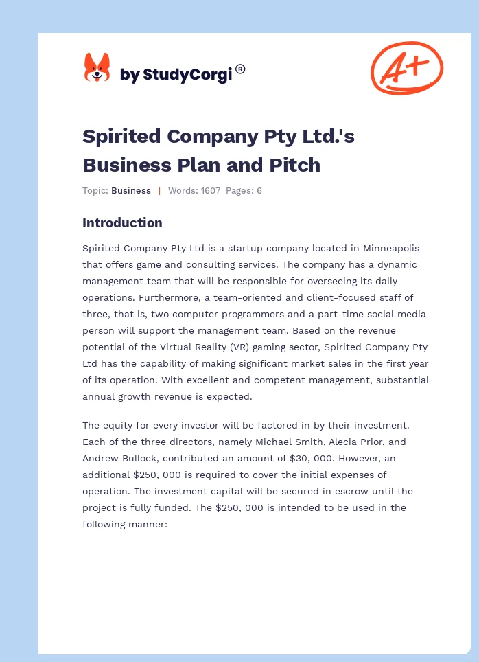 Spirited Company Pty Ltd.'s Business Plan and Pitch. Page 1