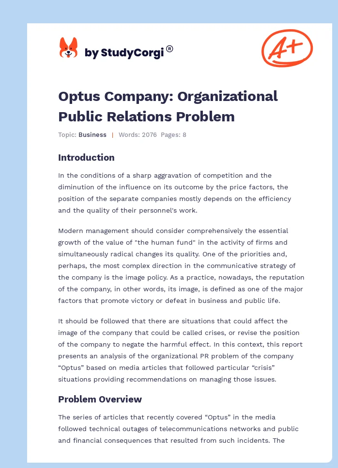 Optus Company: Organizational Public Relations Problem. Page 1