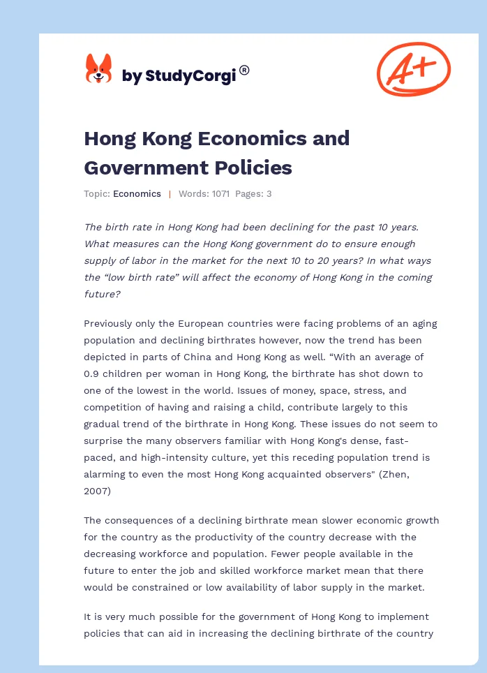Hong Kong Economics and Government Policies. Page 1