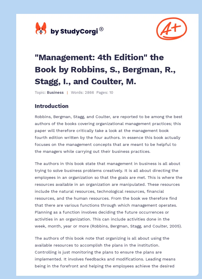 "Management: 4th Edition" the Book by Robbins, S., Bergman, R., Stagg, I., and Coulter, M.. Page 1