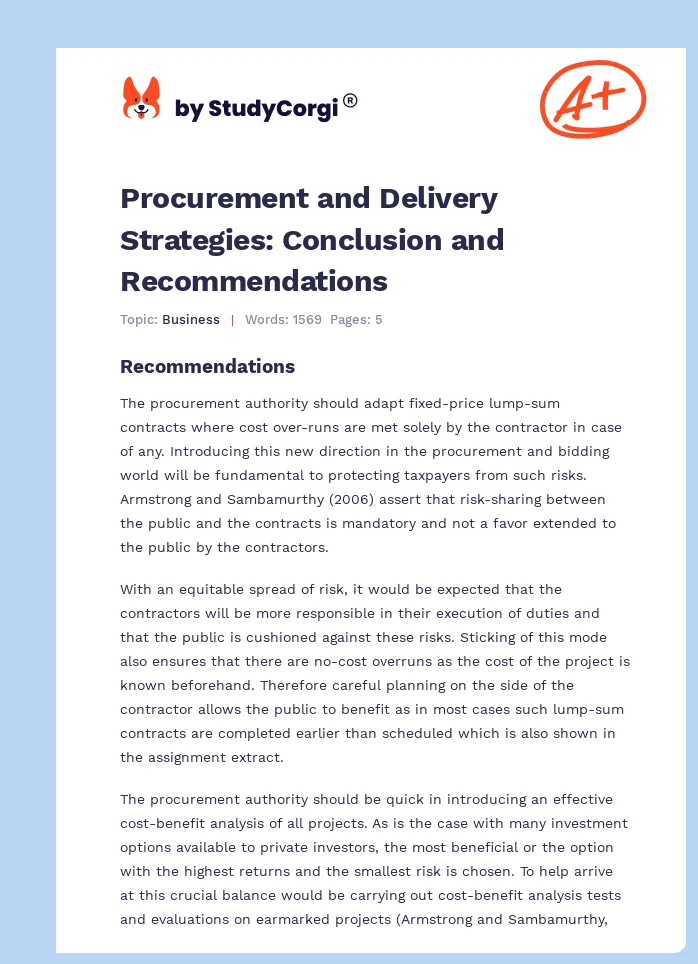 Procurement and Delivery Strategies: Conclusion and Recommendations. Page 1