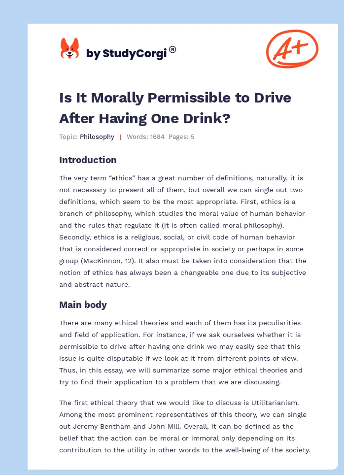 Is It Morally Permissible to Drive After Having One Drink?. Page 1