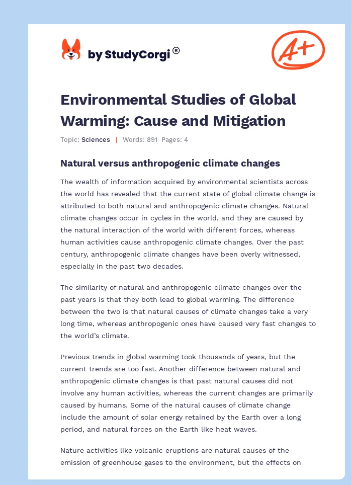 Environmental Studies of Global Warming: Cause and Mitigation. Page 1
