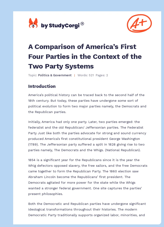 A Comparison of America’s First Four Parties in the Context of the Two Party Systems. Page 1
