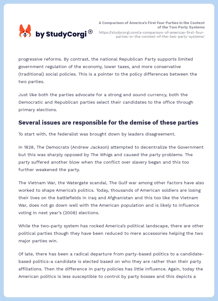 A Comparison of America’s First Four Parties in the Context of the Two Party Systems. Page 2