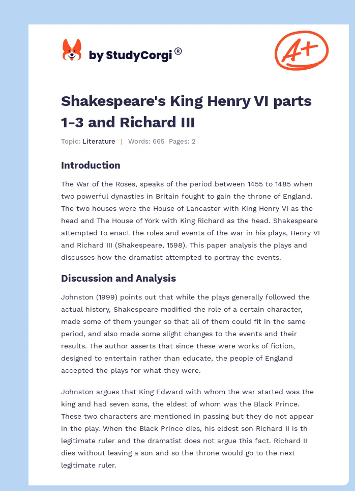 Shakespeare's King Henry VI parts 1-3 and Richard III. Page 1