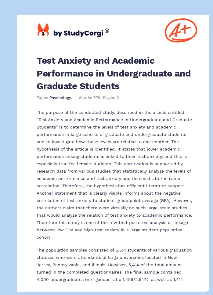 Test Anxiety and Academic Performance in Undergraduate and Graduate Students. Page 1