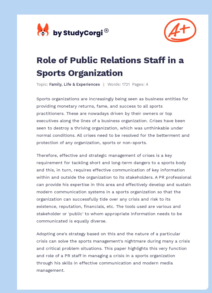 Role of Public Relations Staff in a Sports Organization. Page 1